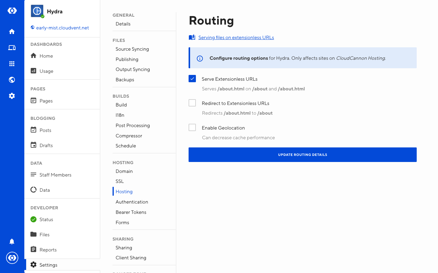 Screenshot of Routing Interface