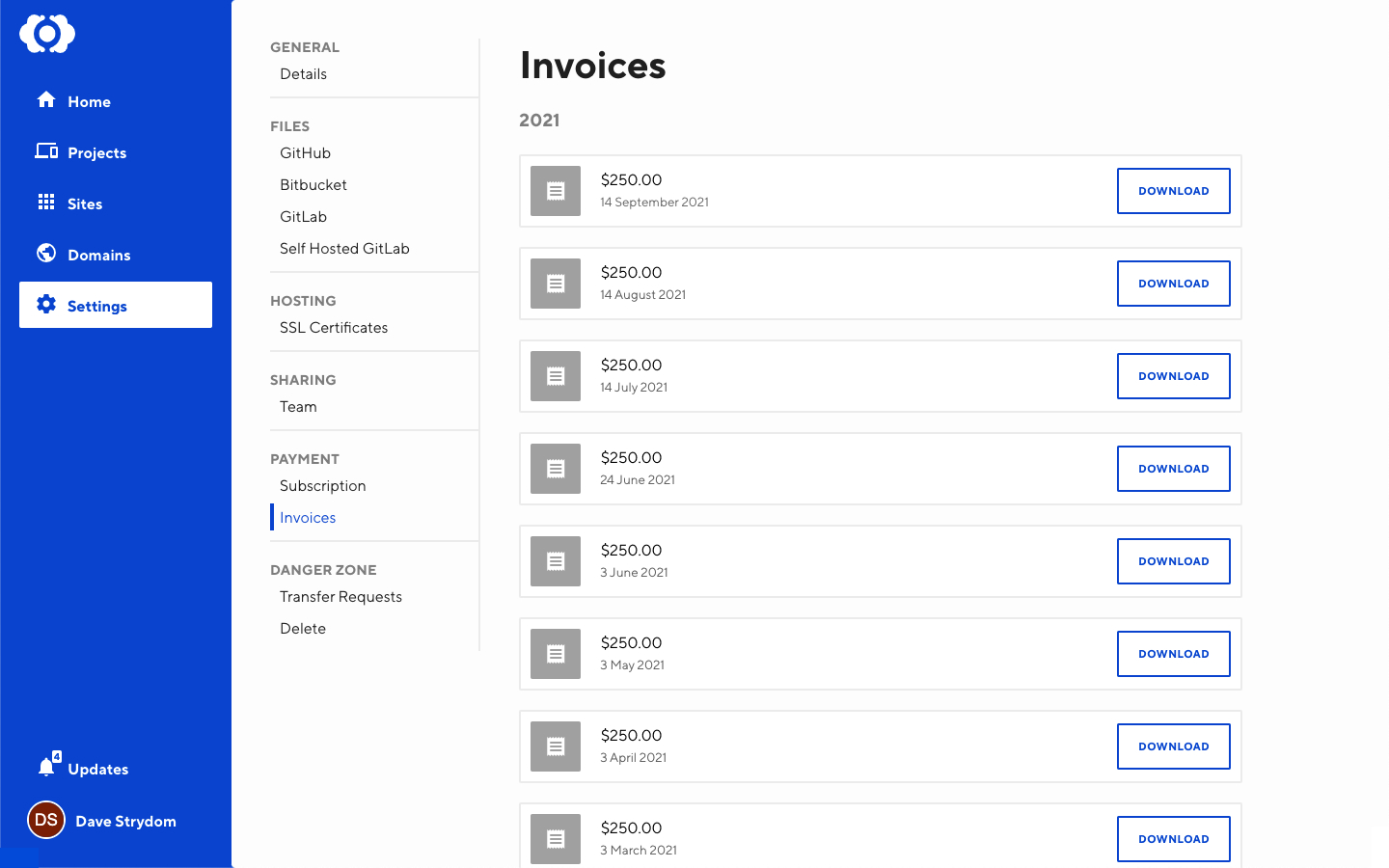 A screenshot of a list of invoices, downloadable as PDFs in CloudCannon.