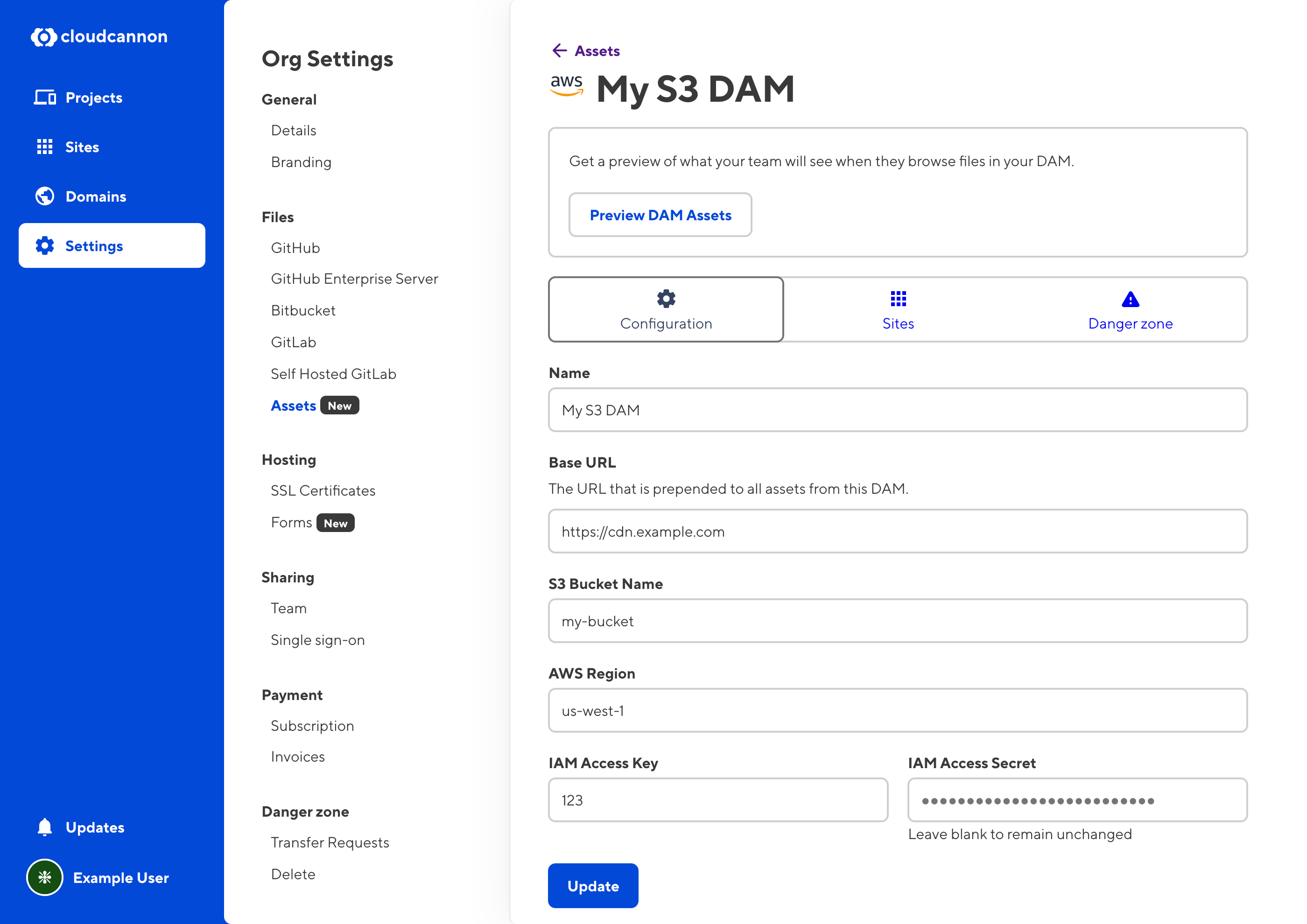 Screenshot of organization DAM settings