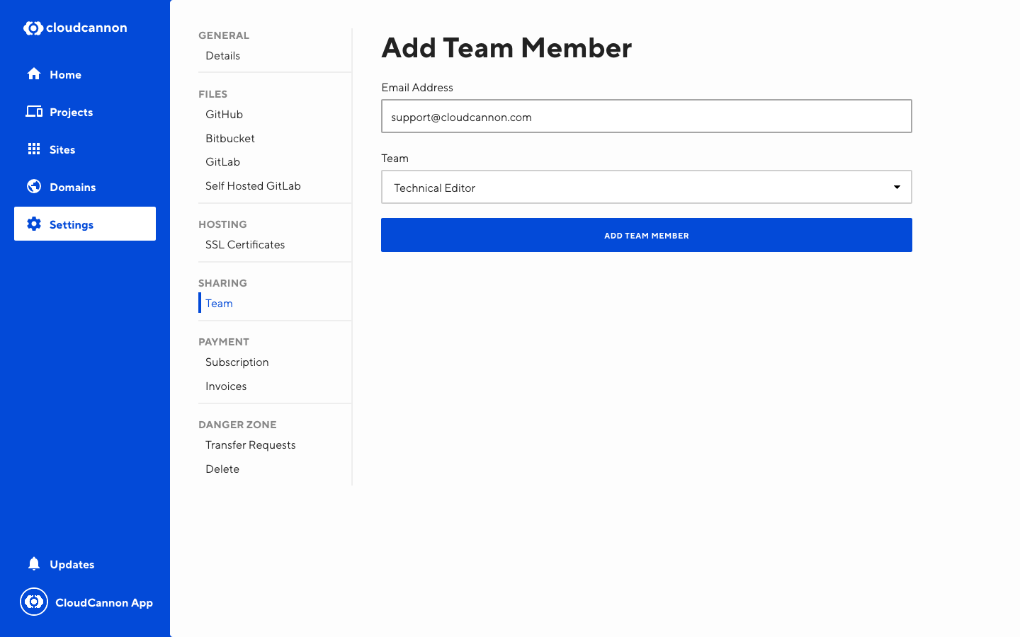 Screenshot of Add Team Member modal