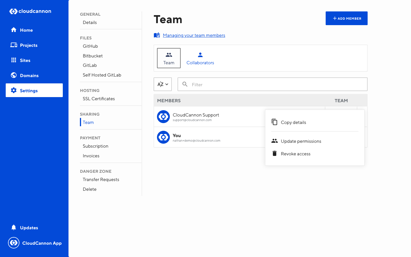 Screenshot of Organization Team interface with context menu open on a team member