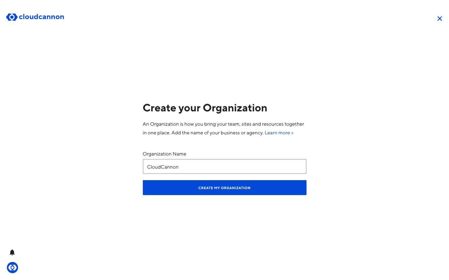 Screenshot of organization creation interface
