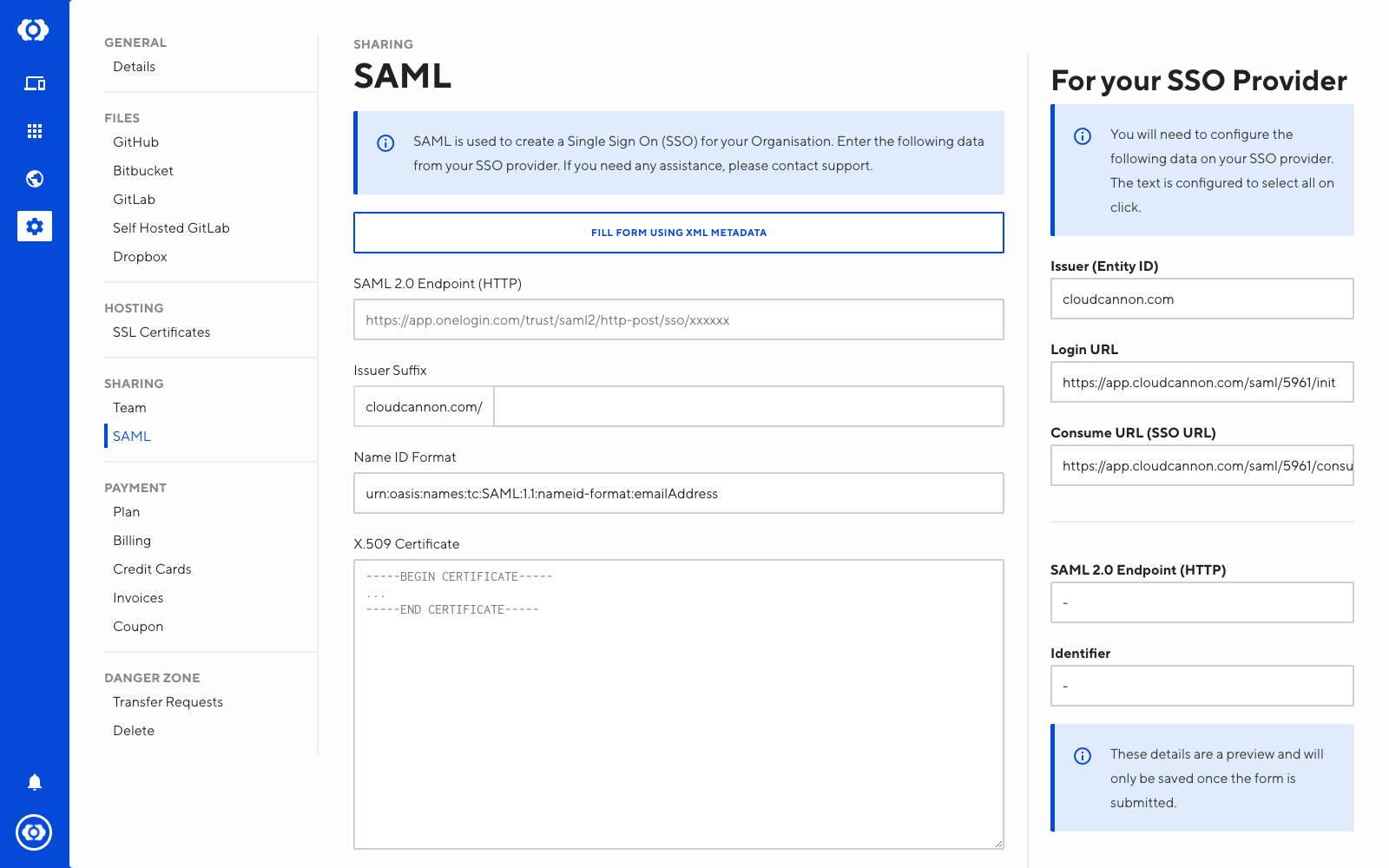 Screenshot of SAML interface