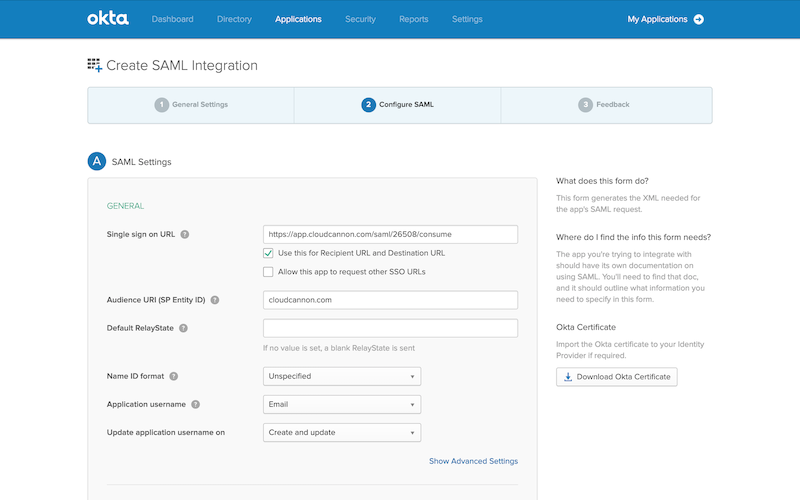 Screenshot of OKTA SAML update page