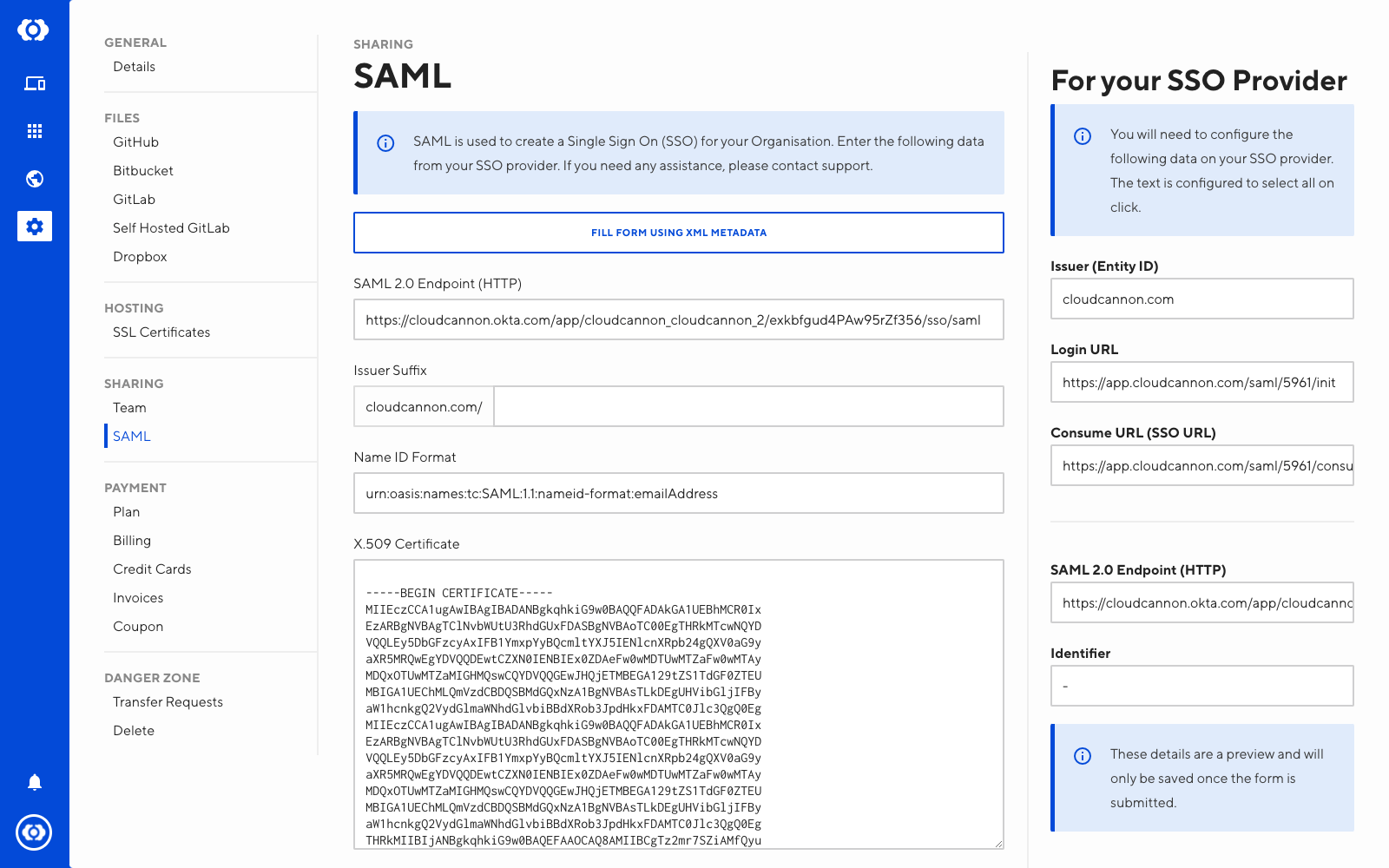 Screenshot of SAML interface with details updated