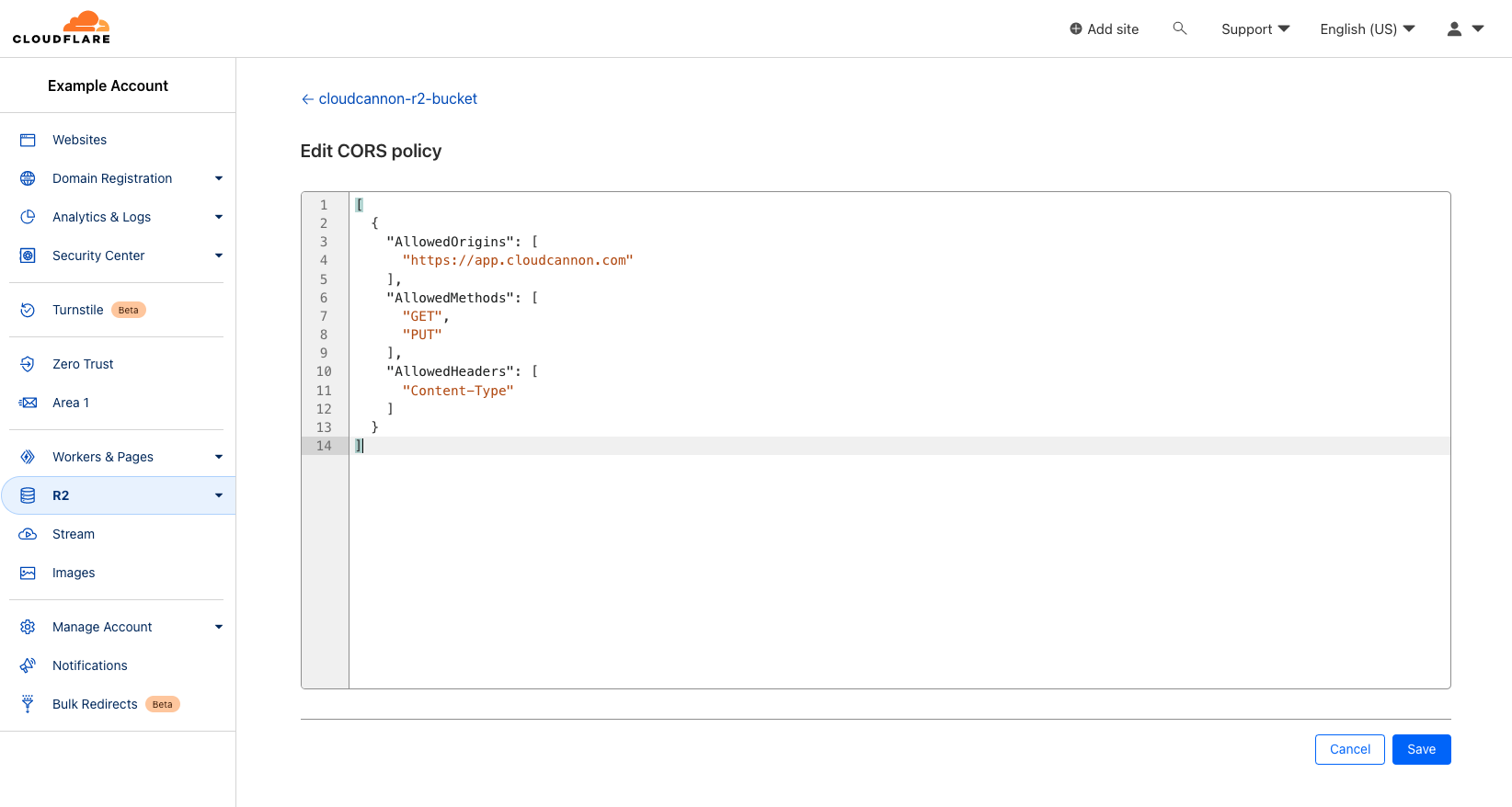 Screenshot of the CORS policy editor in Cloudflare