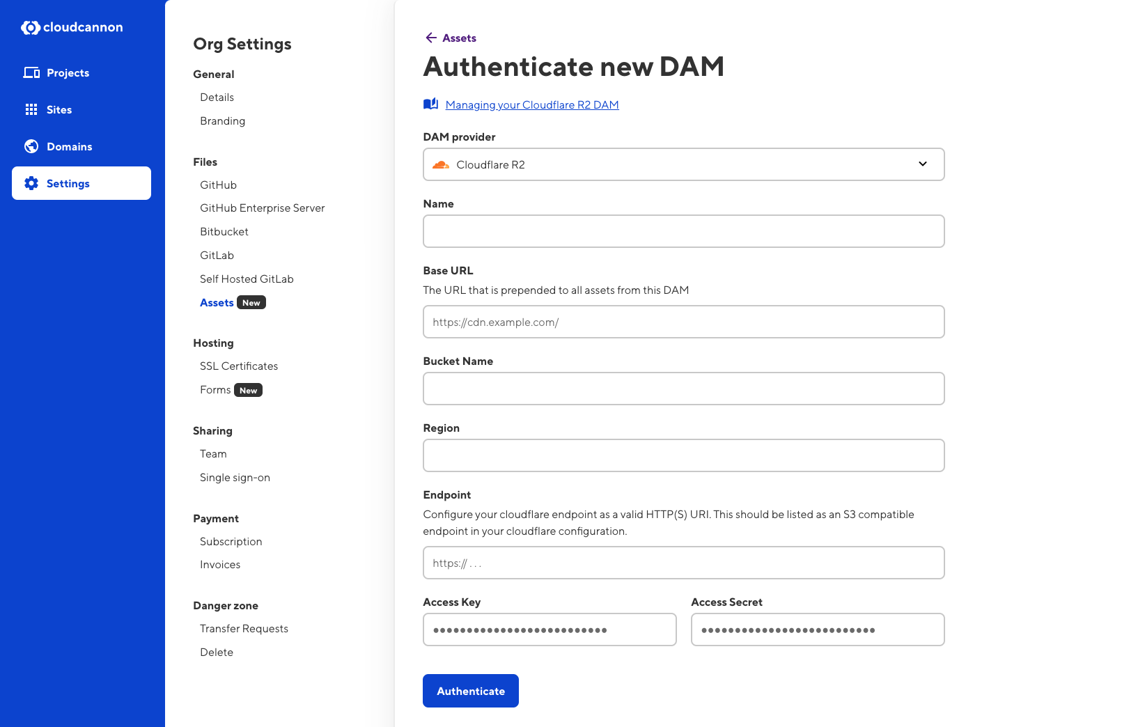 Screenshot of the CloudCannon form for authenticating an R2 DAM