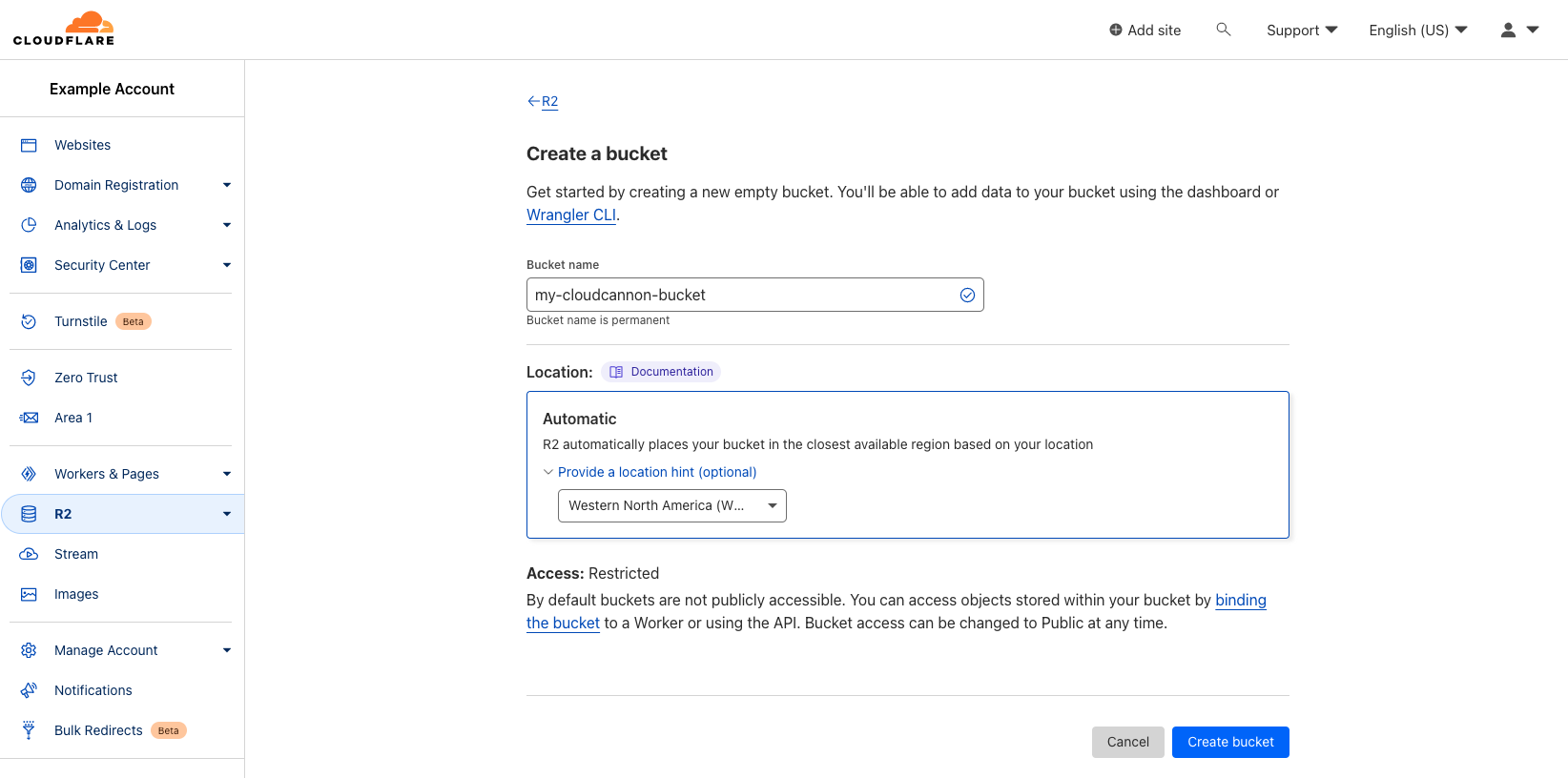 Screenshot of the bucket creation menu in Cloudflare