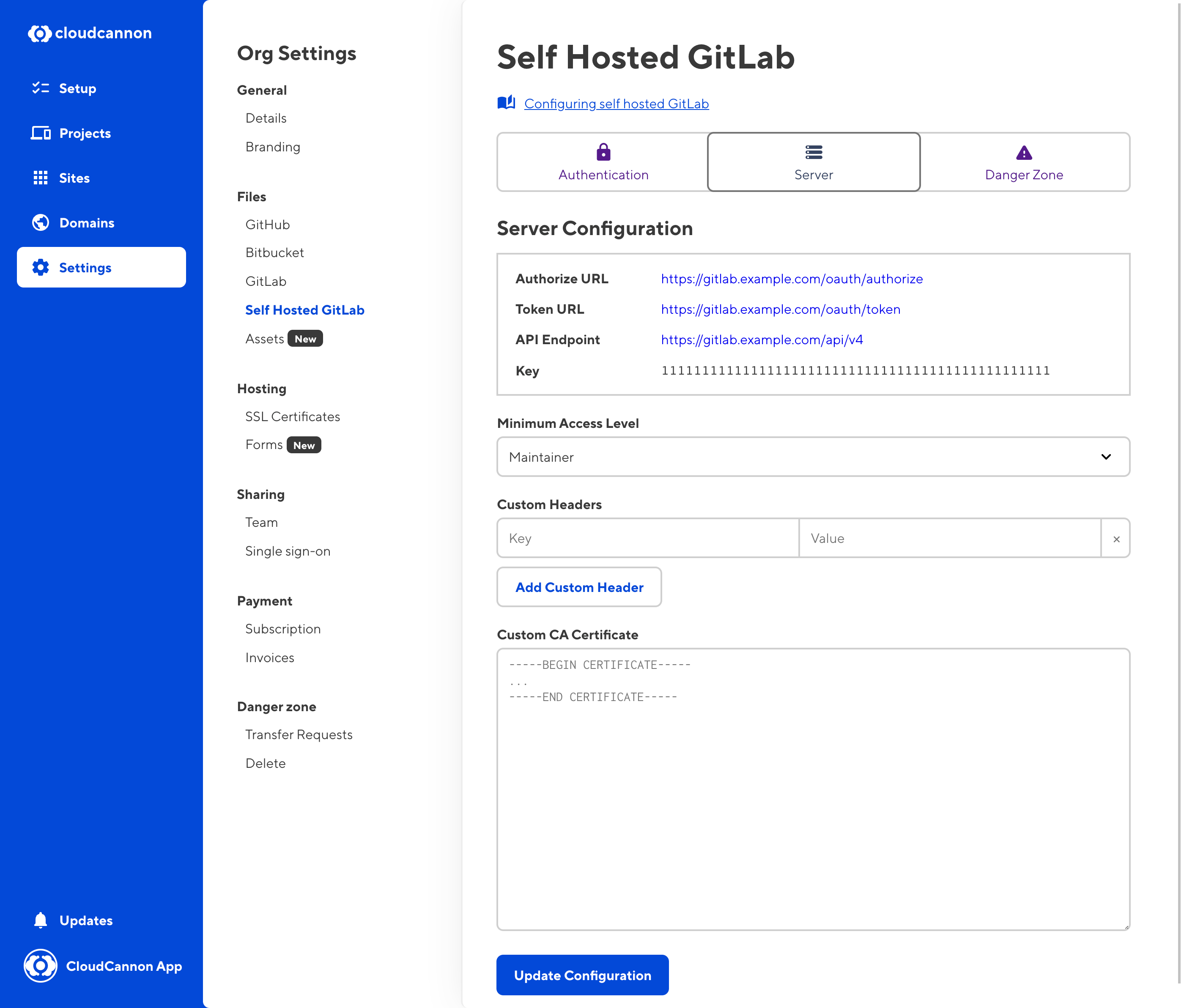 Self Hosted GitLab settings interface