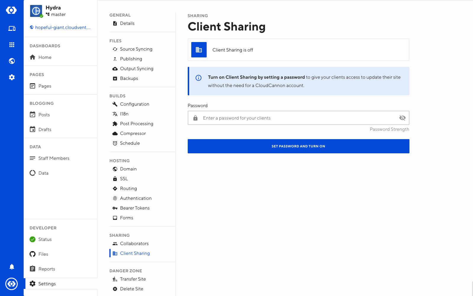 Screenshot of client sharing password interface