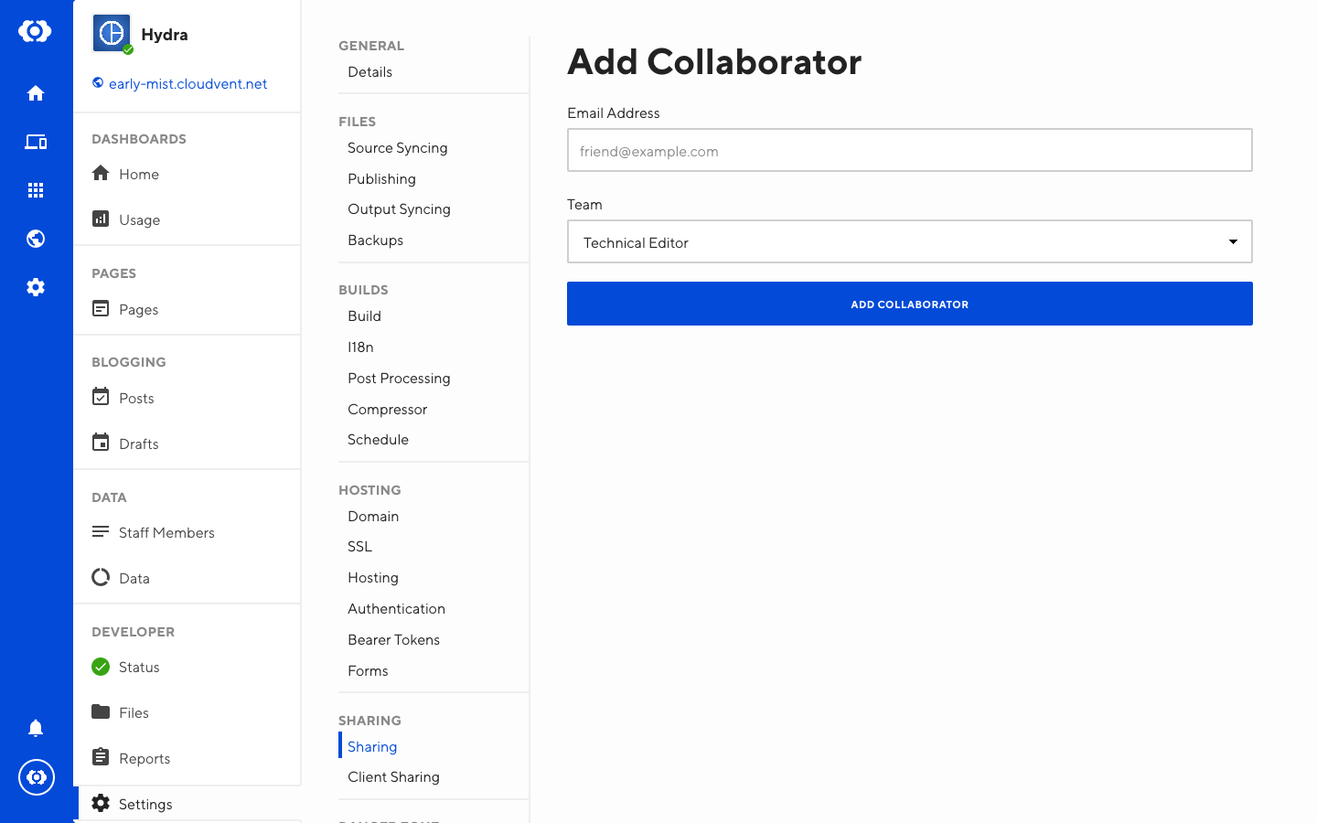 Screenshot of collaborator creation screen