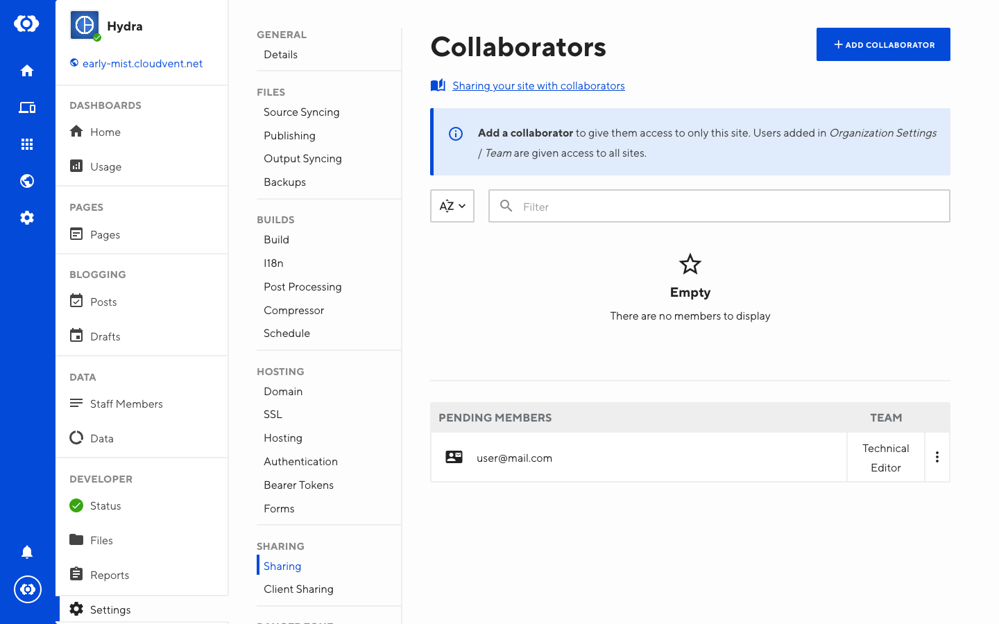 Screenshot of Collaborators screen with a pending member