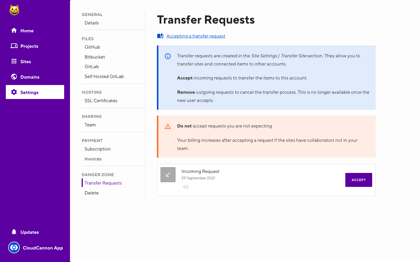 Screenshot of site transfer interface with transfer request incoming