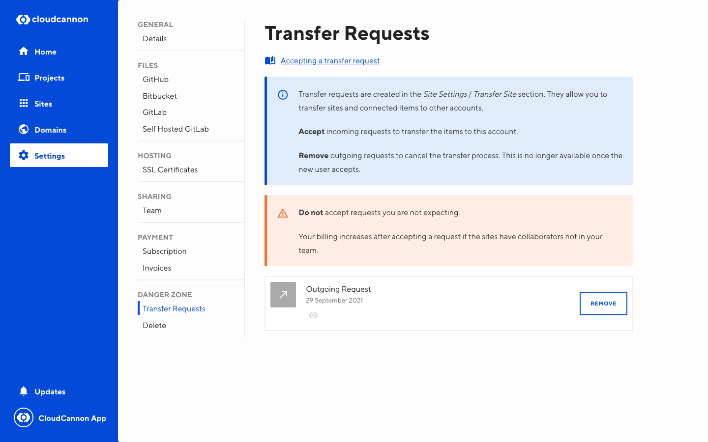 Screenshot of site transfer interface with outgoing site transfer