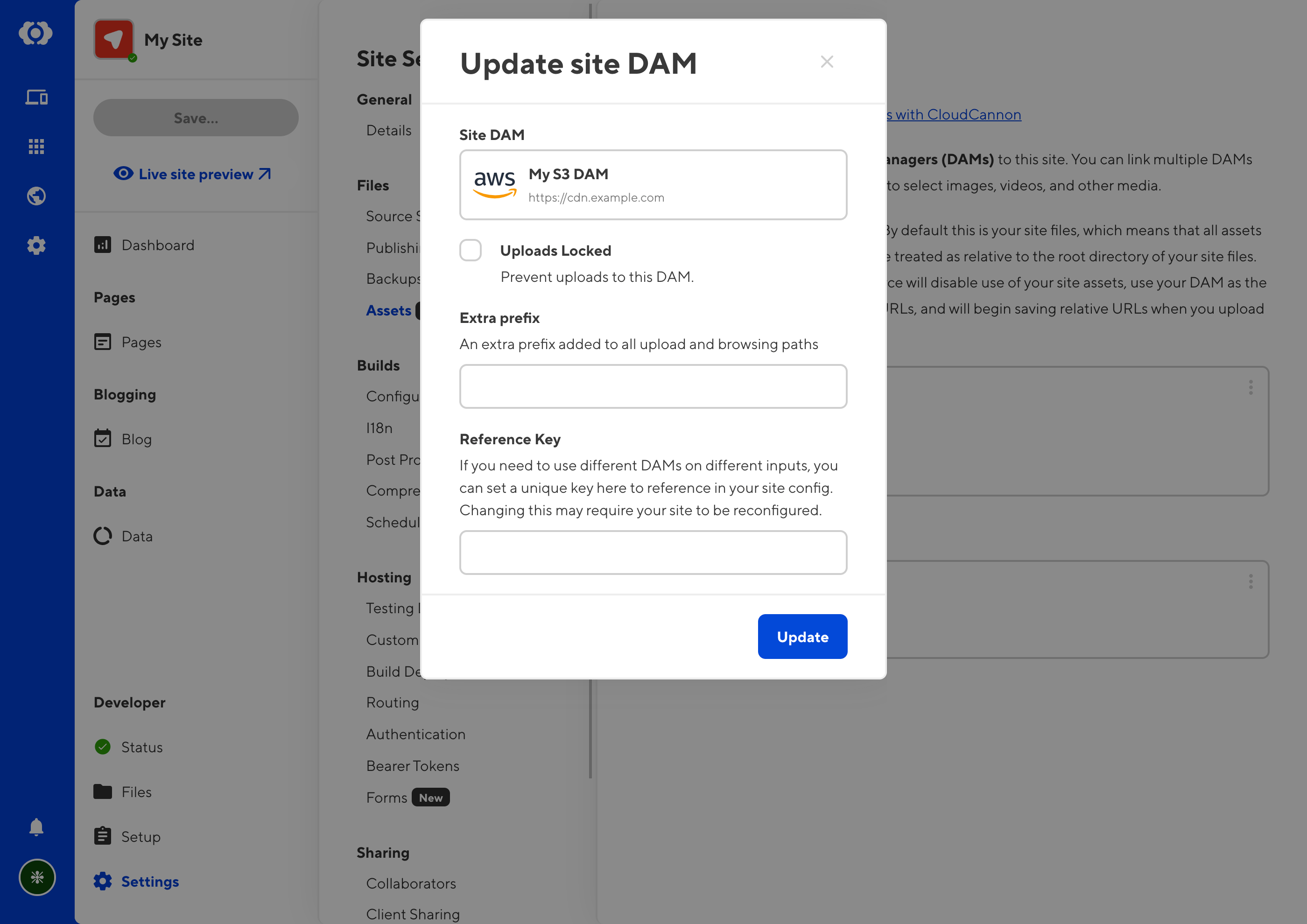 Screenshot of site DAM settings modal
