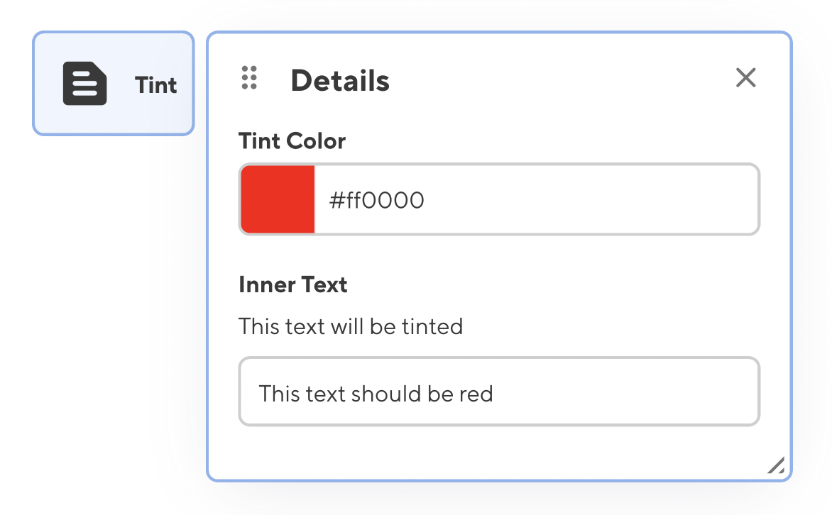 A screenshot of the "tint" component in the Content Editor, with the editing panel open showing the snippet data